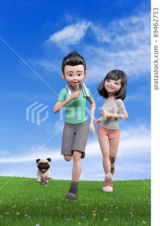 年輕的男女在藍天下帶著他們的狗奔跑。 89462753