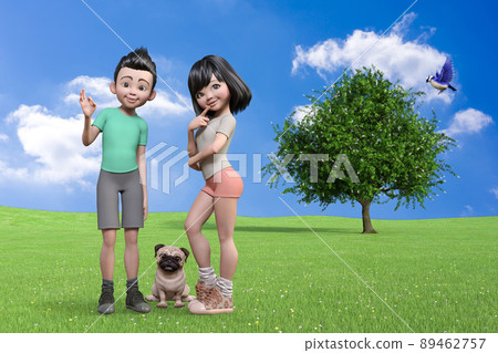 A commemorative photo with a pug kid in front of a big tree, a boy with an OK sign, a girl with a finger under his mouth, and a cute smile. A commemorative photo with a pug kid in front of a big tree, a boy with an OK sign, a girl with a finger under his mouth, and a cute smile. 89462757