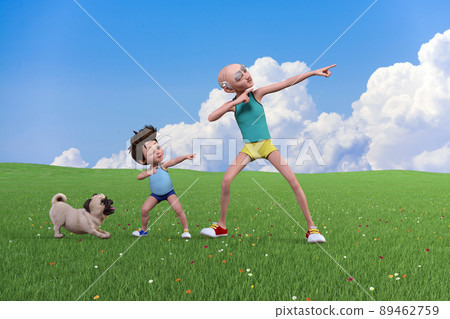 An energetic grandfather and grandson boy imitate a sports player and show off a bow and arrow pose. An energetic grandfather and grandson boy imitate a sports player and show off a bow and arrow pose. 89462759