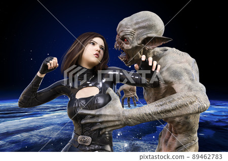 A superhero in a black suit fights an alien. 89462783