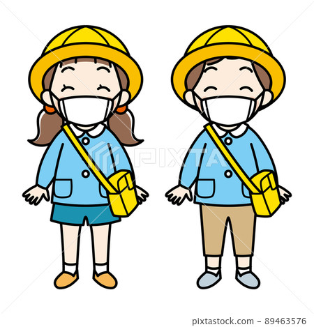 A small girl and a boy wearing a smiling kindergarten clothes with a mask (color) 89463576