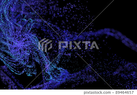 3D Render of many small ultraviolet and blue particles flying on black festive background. Trendy backdrop for your design. Three-dimensional illustration. Innovation and technology concept 89464657