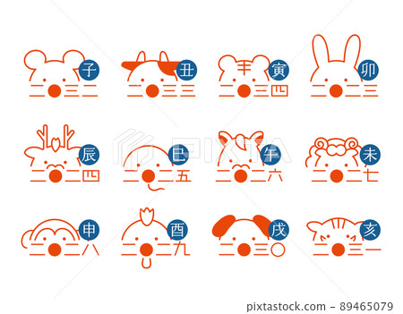 2023 ~ 2034 年生肖和年份的臉圖 紅色海軍藍色 89465079
