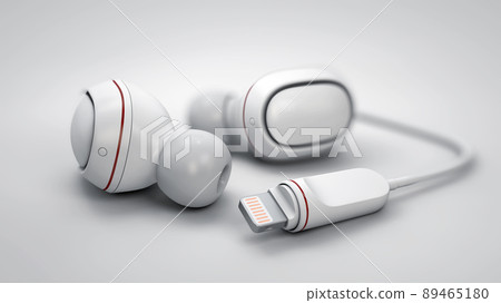 White wireless earphones. True wireless stereo earphones. 3d rendering White wireless earphones. True wireless stereo earphones. 3d rendering 89465180