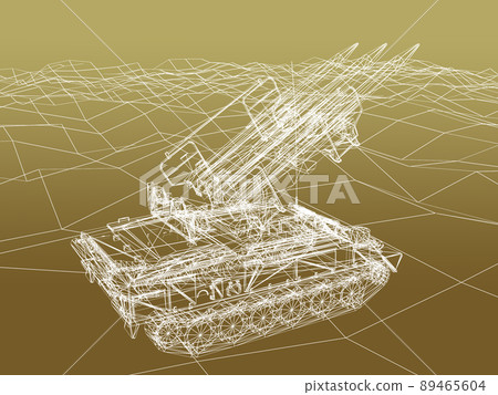 battle tank on sand wire frame ,3d rendering 89465604