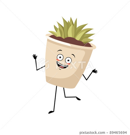 Cute character indoor plant in a pot with joyful dancing emotions, smile face, happy eyes, arms and legs. Planter with succulent for interior decoration Cute character indoor plant in a pot with joyful dancing emotions, smile face, happy eyes, arms and legs. Planter with succulent for interior decoration 89465694