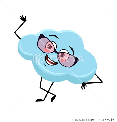 Cute cloud character with glasses and happy emotion, face, smile eyes, arms and legs. Person with funny expression and pose. Vector flat illustration Cute cloud character with glasses and happy emotion, face, smile eyes, arms and legs. Person with funny expression and pose. Vector flat illustration 89466016