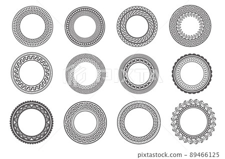 Circle greek frames. Round meander borders. Decoration elements patterns. Vector illustration isolated on white background. 89466125