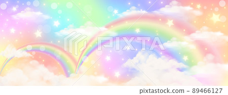 Holographic fantasy rainbow unicorn background with clouds. Pastel color sky. Magical landscape, abstract fabulous pattern. Cute candy wallpaper. Vector. Holographic fantasy rainbow unicorn background with clouds. Pastel color sky. Magical landscape, abstract fabulous pattern. Cute candy wallpaper. Vector. 89466127