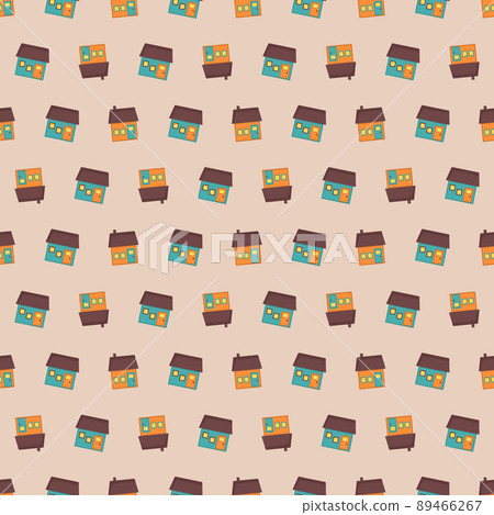Cute seamless pattern with bright rustic houses on background. Cityscape print. Vector flat illustration for textile and design 89466267