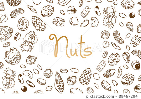 Vector frame, packaging design of nut and seed mix or snack. Walnut, peanut and sunflower seeds. Almond, pistachio, cashew, hazelnut and macadamia. Illustration in line art style 89467294