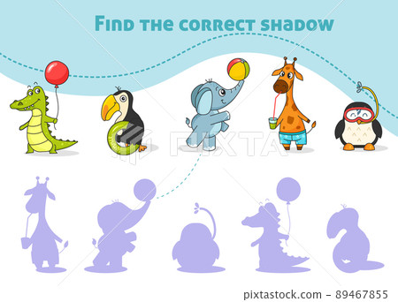 Find the correct shadow, game for kindergarten with tropical animals. Cartoon Giraffe, crocodile, toucan, elephant, penguin. Education mini-game for kids. Vector illustration printable worksheet. 89467855