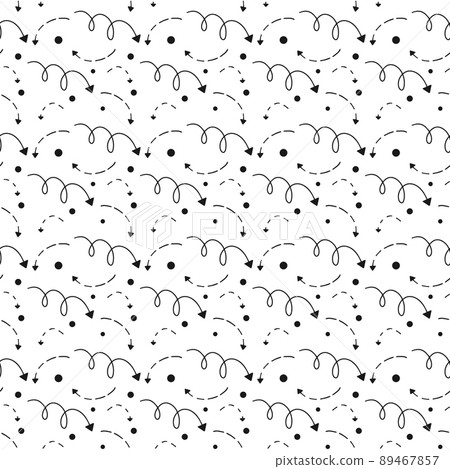 Seamless pattern with different black directions arrows and dots on the white background. Simple vector pattern for notebook, textile, packaging and decorative paper. 89467857