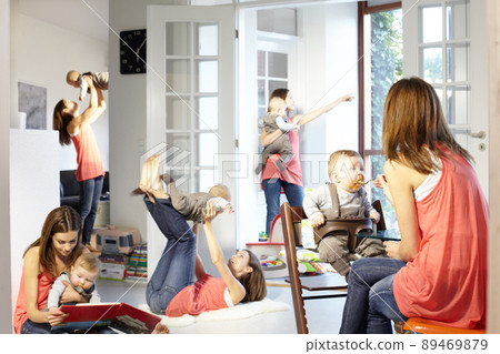 Shes a busy mom. Digitally manipulated image of a young mother doing many of her daily activities with her baby. Shes a busy mom. Digitally manipulated image of a young mother doing many of her daily activities with her baby. 89469879