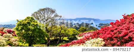 Azalea in Nagushiyama Park, panoramic view of Kujukushima [Shikamachi-cho, Sasebo City, Nagasaki Prefecture] 89470217