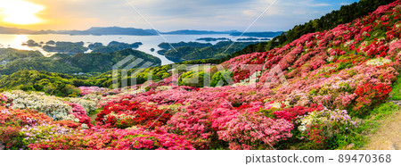 Azaleas and sunsets in Nagushiyama Park overlooking Kujukushima [Shikamachi-cho, Sasebo City, Nagasaki Prefecture] 89470368