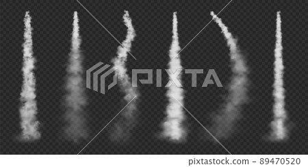 Realistic airplane condensation trails. Space rocket launch. Missile or bullet trail. Jet aircraft tracks. White smoke clouds, fog. Steam flow. Vector illustration. Realistic airplane condensation trails. Space rocket launch. Missile or bullet trail. Jet aircraft tracks. White smoke clouds, fog. Steam flow. Vector illustration. 89470520