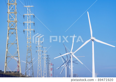 An image of a wind farm in fine weather and power transmission equipment (SDGs) 89471920