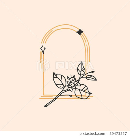 Hand drawn vector abstract stock flat graphic illustration with logo element,bohemian astrology magic minimalistic emblem of line arch portal with stars and leaves,simple style for branding. Hand drawn vector abstract stock flat graphic illustration with logo element,bohemian astrology magic minimalistic emblem of line arch portal with stars and leaves,simple style for branding. 89473257