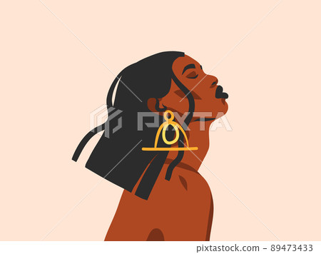 Hand drawn vector abstract stock flat graphic illustration with ethnic tribal black beautiful african american woman and golden earrings simple style ,isolated on white background 89473433
