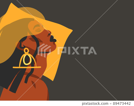 Hand drawn vector abstract stock flat graphic illustration with ethnic tribal black beautiful african american woman and golden earrings simple style ,isolated on black background Hand drawn vector abstract stock flat graphic illustration with ethnic tribal black beautiful african american woman and golden earrings simple style ,isolated on black background 89473442