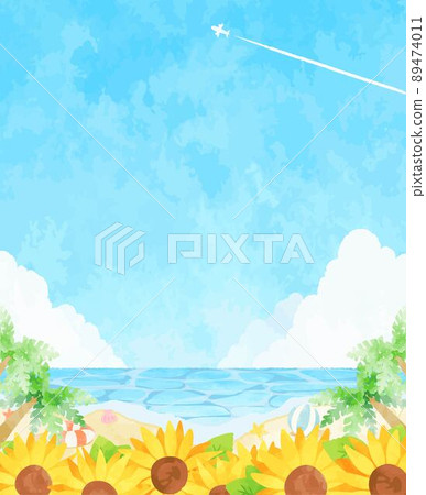 Landscape illustration of gentle sea and sunflowers 89474011