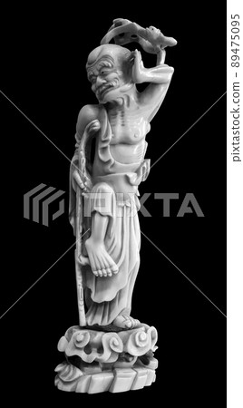 Wood statue of japan lucky god, God of prolonging life longevity Fukurokuju isolated on black background 89475095