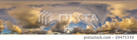 Dramatic sunset sky panorama with Cumulus clouds. Seamless hdr 360 pano in spherical equirectangular format. Complete zenith for 3D visualization, game and sky replacement for aerial drone panoramas Dramatic sunset sky panorama with Cumulus clouds. Seamless hdr 360 pano in spherical equirectangular format. Complete zenith for 3D visualization, game and sky replacement for aerial drone panoramas 89475339