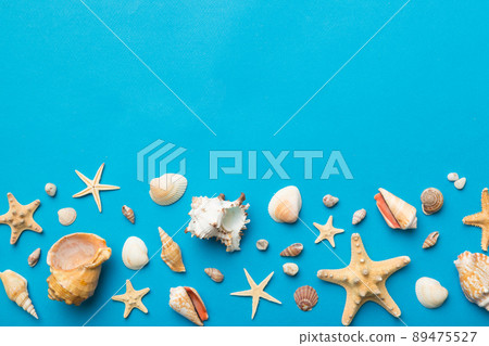 Summer time concept Flat lay composition with beautiful starfish and sea shells on colored table, top view with copy space for text Summer time concept Flat lay composition with beautiful starfish and sea shells on colored table, top view with copy space for text 89475527
