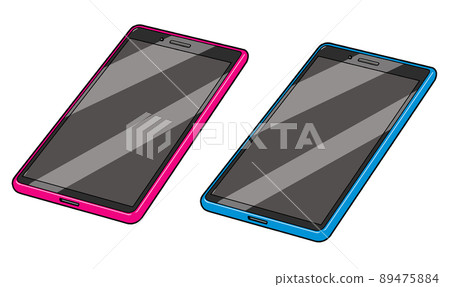 Two types of smartphone illustrations [from diagonally above, smartphone, placed, red, blue] 89475884