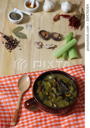 Hearty Mushroom and Celery Soup With Spicy Vegetable Broth 89476064
