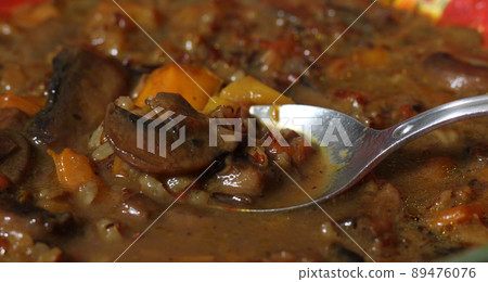 Mushroom and Peppers Soup With Wild Rice. Mix of Sweet Bell Peppers and Mild Jalapeno 89476076