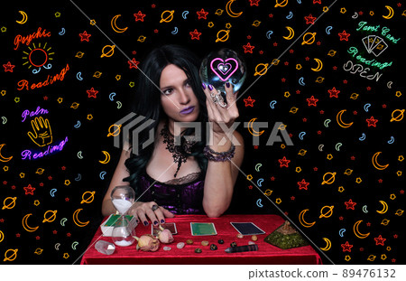 Psychic Tarot Card Reader With Neon Signs 89476132