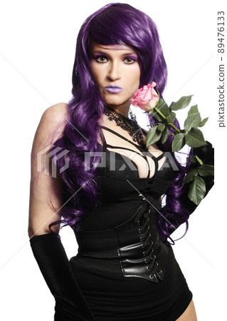 Woman in Black Corset With Purple Hair on White Background Burlesque Performer Woman in Black Corset With Purple Hair on White Background Burlesque Performer 89476133