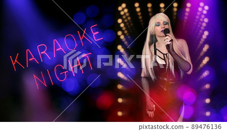 Female Karaoke Singer with 1980s fashion and Neon Sign Female Karaoke Singer with 1980s fashion and Neon Sign 89476136