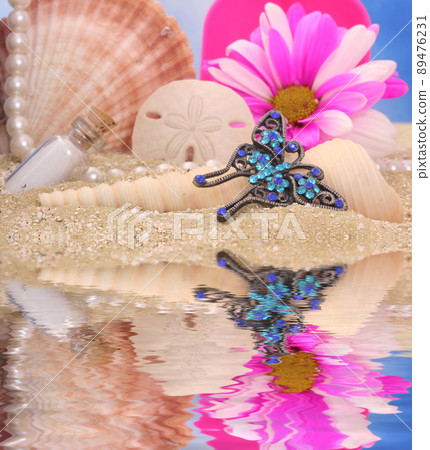 Sea Shells With Flower and Jewelry on Sandy Beach Sea Shells With Flower and Jewelry on Sandy Beach 89476231