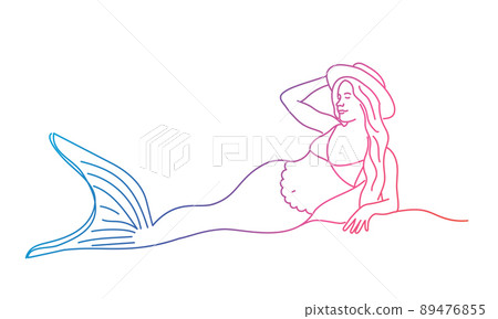 Mermaid in a hat lies on the beach and dreams. 89476855