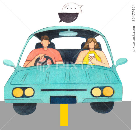 Podcast streaming people. Audio program makers use equipment, man and woman podcast listening watercolor 89477494