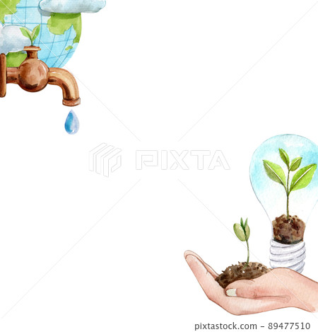 Green ecology symbols. Eco friendly related icons.frame watercolor Green ecology symbols. Eco friendly related icons.frame watercolor 89477510