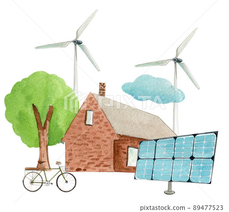 Green ecology symbols. Eco friendly related icons. watercolor Green ecology symbols. Eco friendly related icons. watercolor 89477523