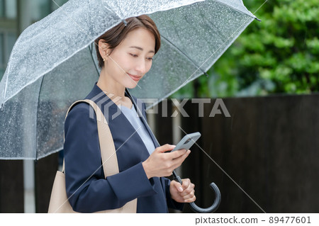 A woman who checks the weather forecast, the rainy season 89477601