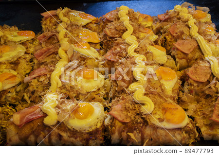 Okonomiyaki, food, festival, fair, stall, cooking, Japanese food, teppanyaki, yakisoba 89477793