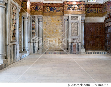 Interior view of decorated marble walls surrounding the cenotaph in the mausoleum of Sultan Qalawun, Cairo, Egypt 89480063