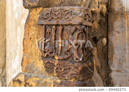 Remains of an old stone exteriorwall with engraved calligraphy, adjacent to the Mausoleum of al-Salih Nagm Ad-Din Ayyub, Cairo, Egypt 89480373