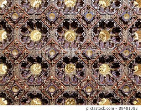 Wooden golden ceiling at the public mosque of Manial Palace of Prince Mohammed Ali, Cairo, Egypt 89481388