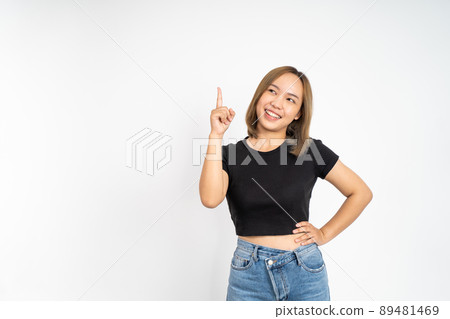 woman with finger pointing up hand gesture on isolated background woman with finger pointing up hand gesture on isolated background 89481469