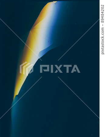 Screen glitch. Broken glass. Damaged texture. Fractured crystal. Cracked ice effect. Blue orange white distortion dust scratches on dark black abstract overlay. 89484202