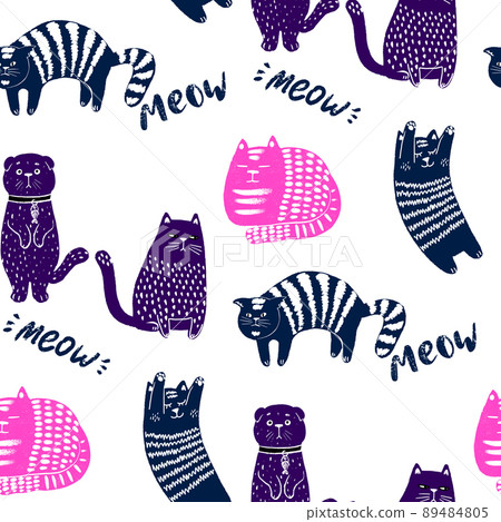 Seamless pattern with funny cats, cute doodle seamless background for kids and baby textile design. Seamless pattern with funny cats, cute doodle seamless background for kids and baby textile design. 89484805