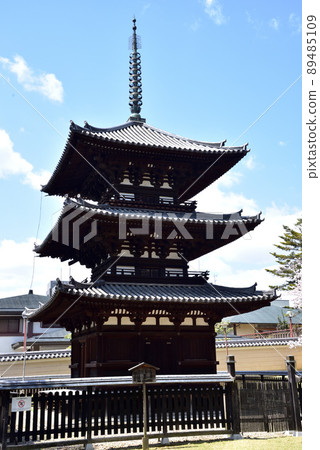 Spring scenery of the three-storied pagoda of Kofukuji Temple 89485109