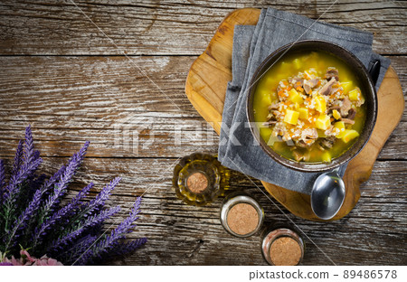 Polish barley soup with vegetables and chicken heart. Polish barley soup with vegetables and chicken heart. 89486578